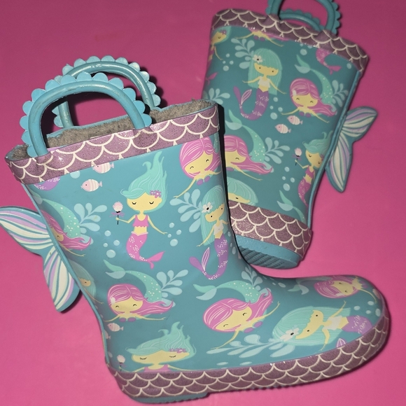 Mermaid Wellies Gray Fleece Lined Rain Boots w/easy-on handles ✨️ Trim, 9/10 - Picture 9 of 15